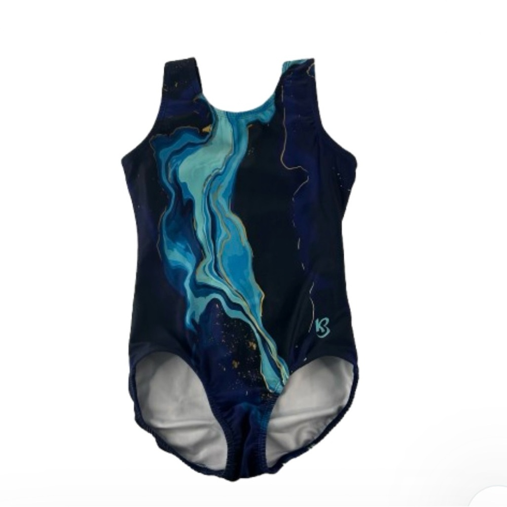K-Bee Girls Gymnastics Leotard Size 11/12 Blue Marble Sleeveless Practice